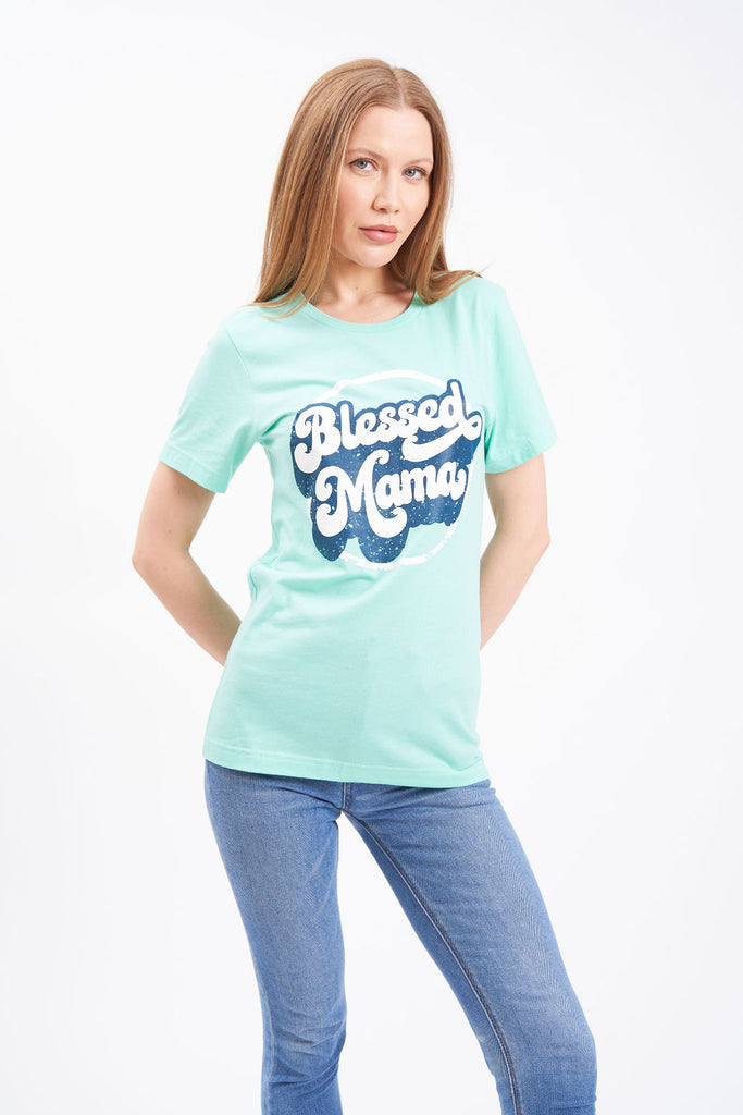 Graphic women’s t-shirt with retro printing of “Blessed Mama”.