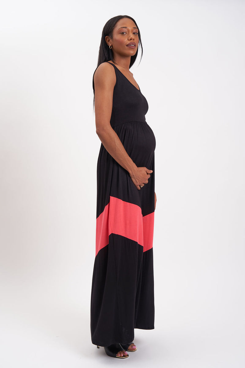 Chevron Printed Maternity Maxi Dress X-Large / Black with Pink