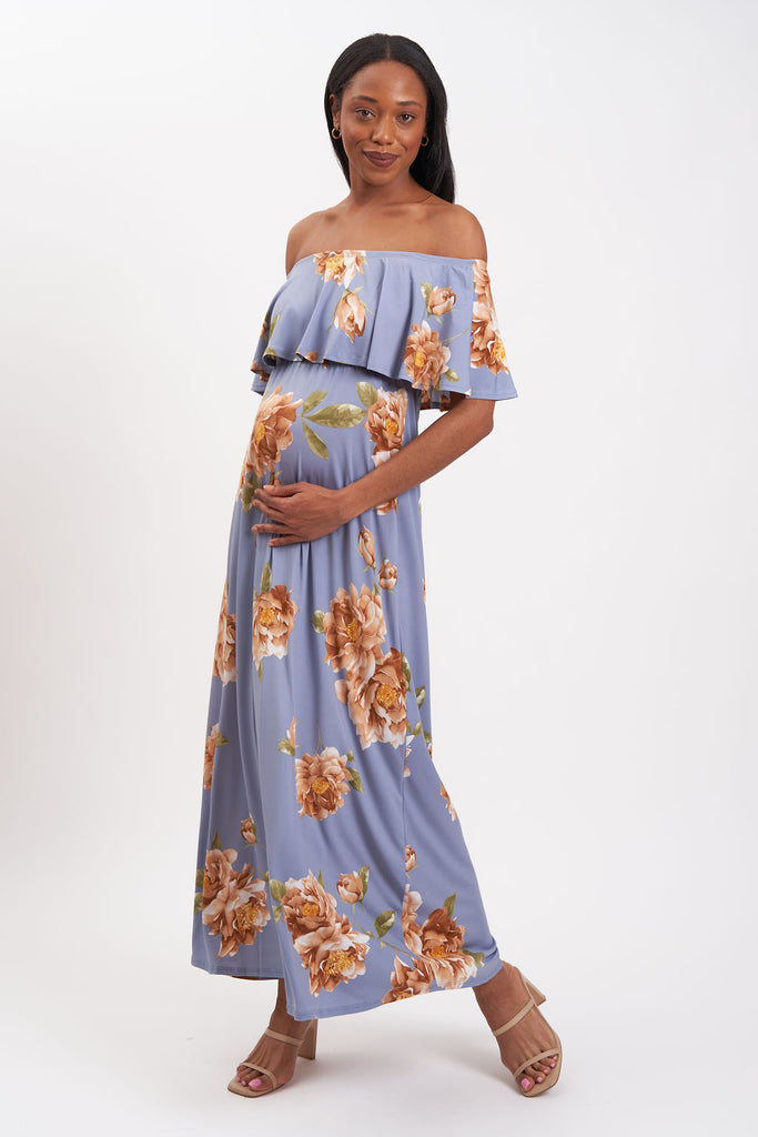 Maxi maternity dress with off-the-shoulder ruffle
