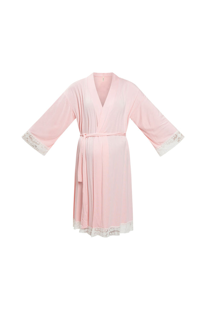 Maternity robe with white lace trim.