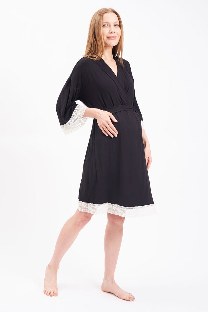 Maternity robe with white lace trim.