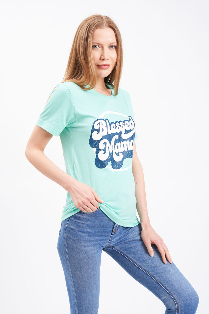Graphic women’s t-shirt with retro printing of “Blessed Mama”.