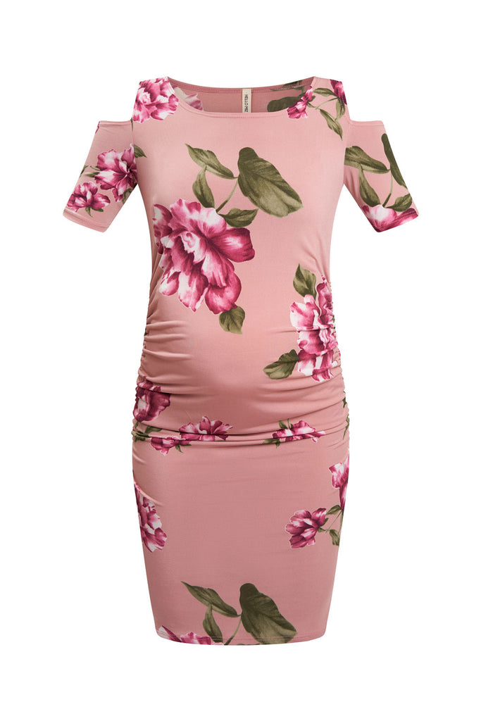 Cold-shoulder cut out floral midi maternity dress with side ruching.