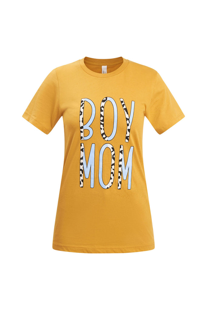 Graphic women’s t-shirt with printed “Boy Mom” lettering in a mix of animal pattern and blue