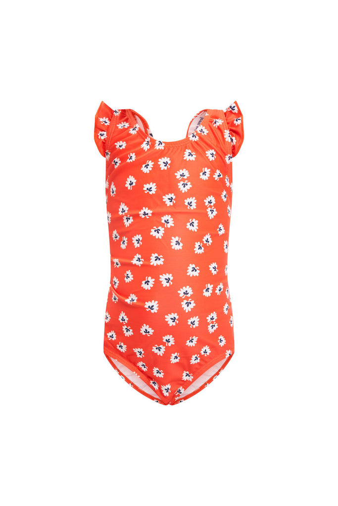 Orange little girl swimsuit with daisy pattern.