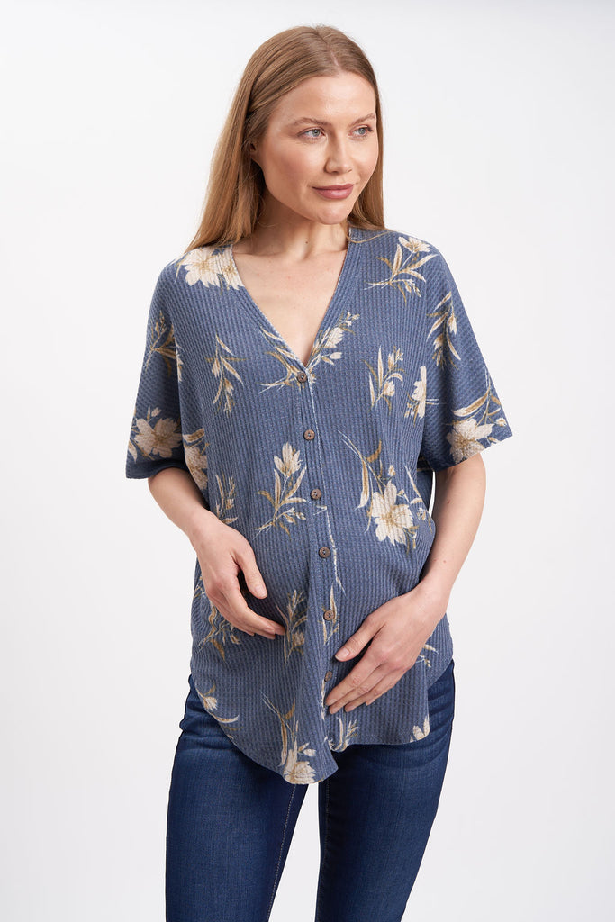 V-neck, button-front, denim-style, ribbed, floral print, front knot, maternity shirt.