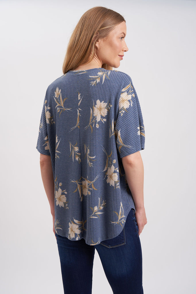 V-neck, button-front, denim-style, ribbed, floral print, front knot, maternity shirt.