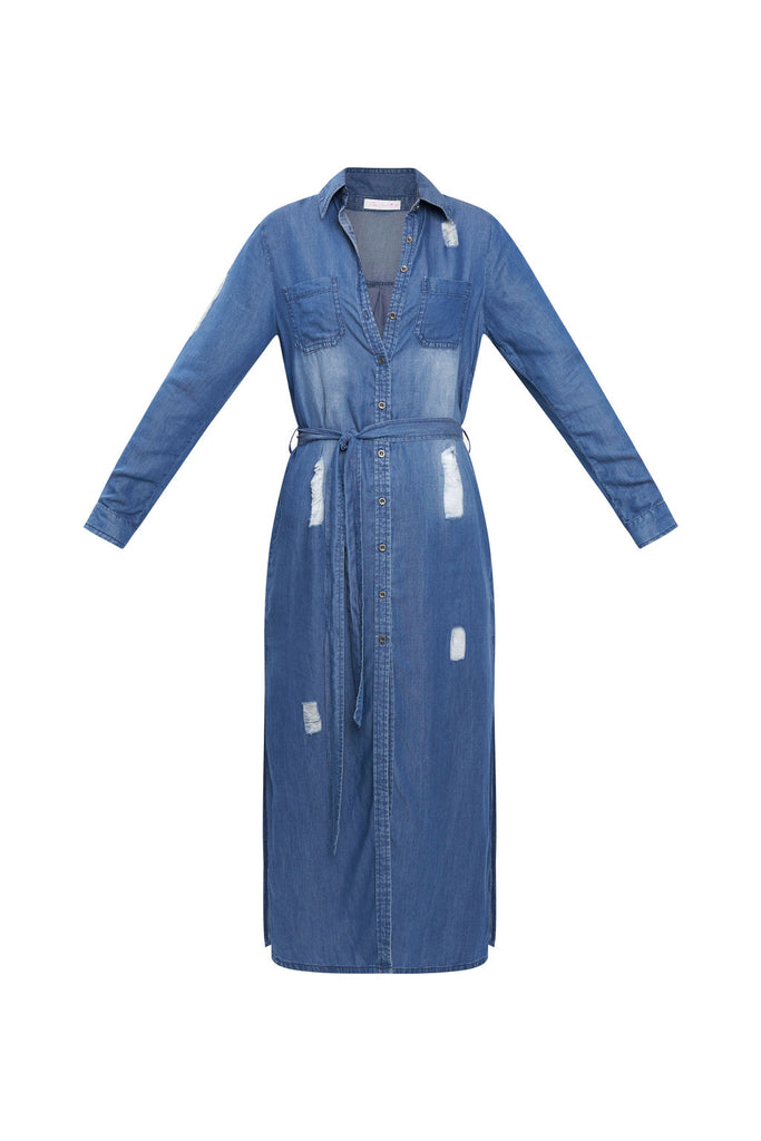Maxi jean dress or jacket for women with side slits and tie waist.