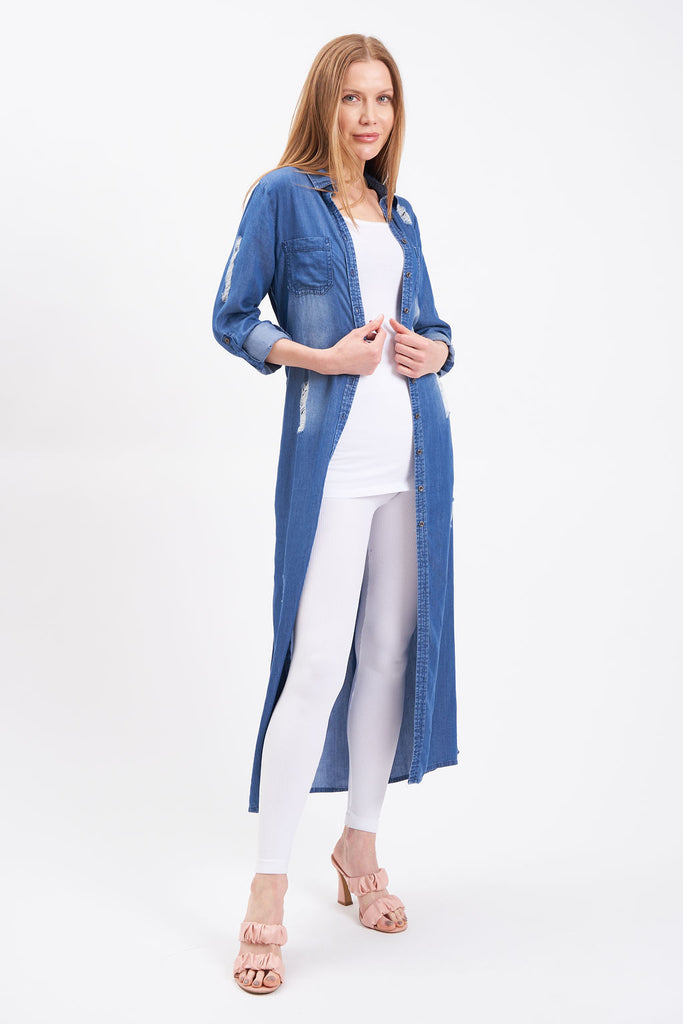 Maxi jean dress or jacket for women with side slits and tie waist.