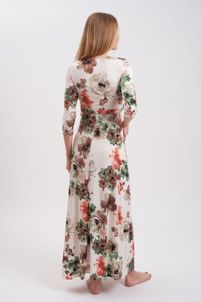Floral maxi maternity dress with faux wrap.