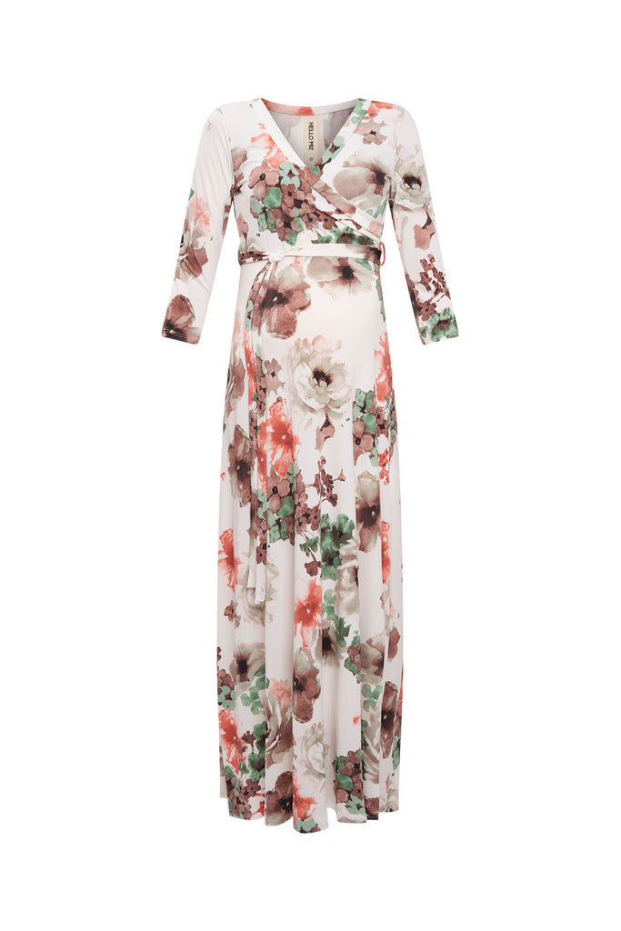 Floral maxi maternity dress with faux wrap.