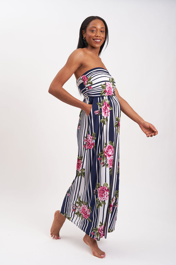 Stripe and floral maternity dress. Maxi strapless maternity dress with side pockets.