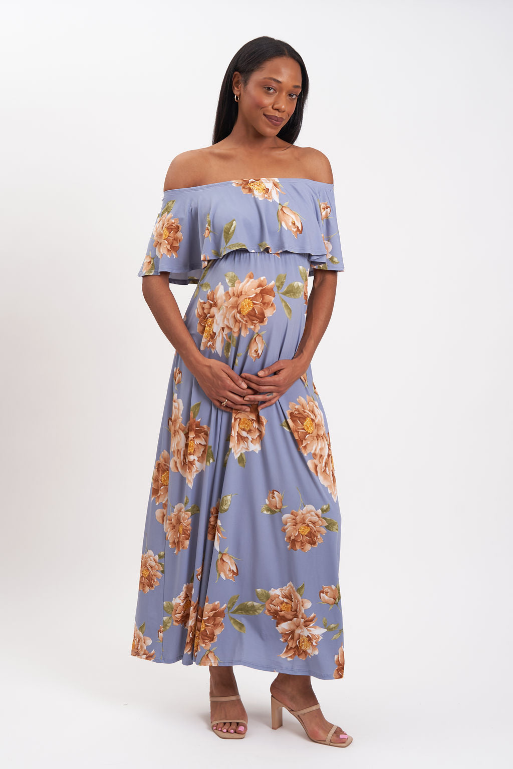Floral Off Shoulder Maternity Maxi Dress BLUE / LARGE Floral Off Shoulder Maternity Maxi Dress BLUE / LARGE