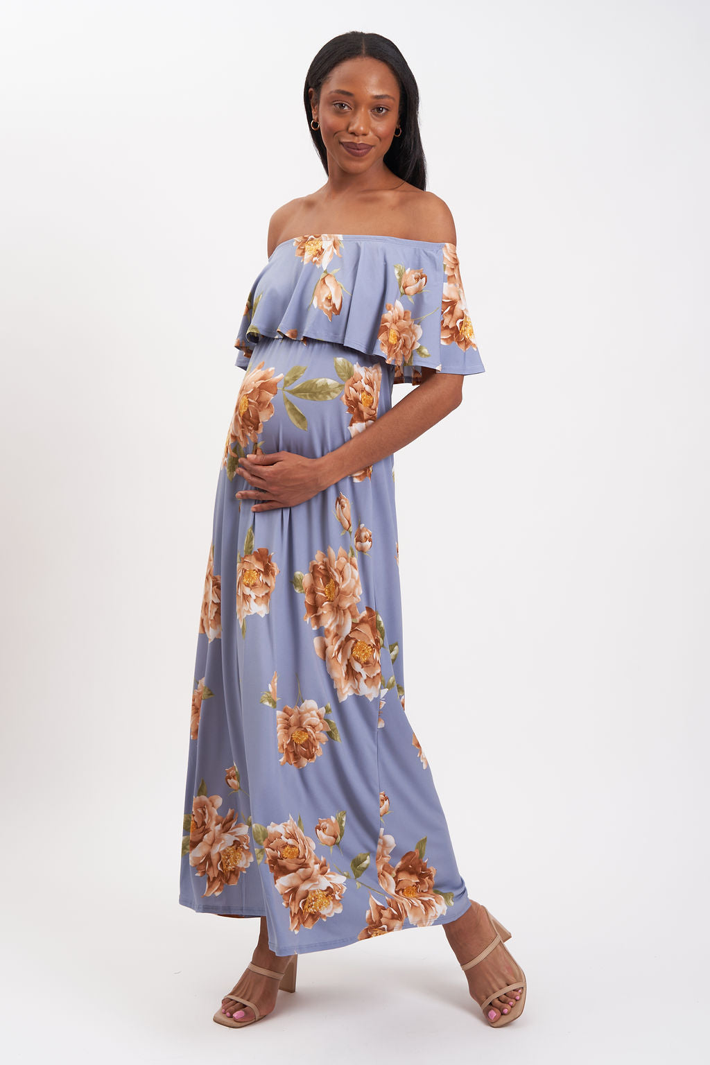 off the shoulder floral maternity dress Off-the-Shoulder Maxi Large / Dusty Blue designed to celebrate your Color:Lavender Violet fit:captain What To Wear New
