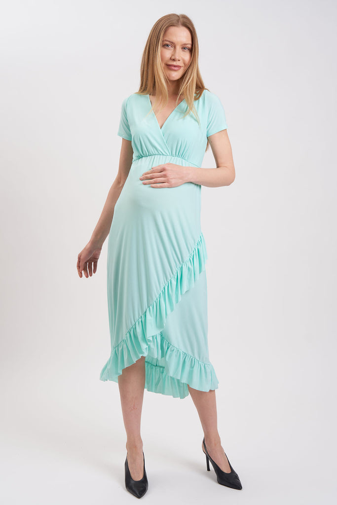 Maternity dress with a high-low ruffled hem, faux wrap.