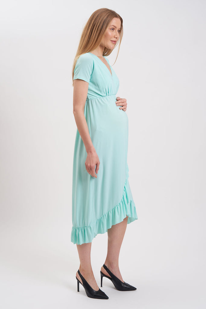Maternity dress with a high-low ruffled hem, faux wrap.