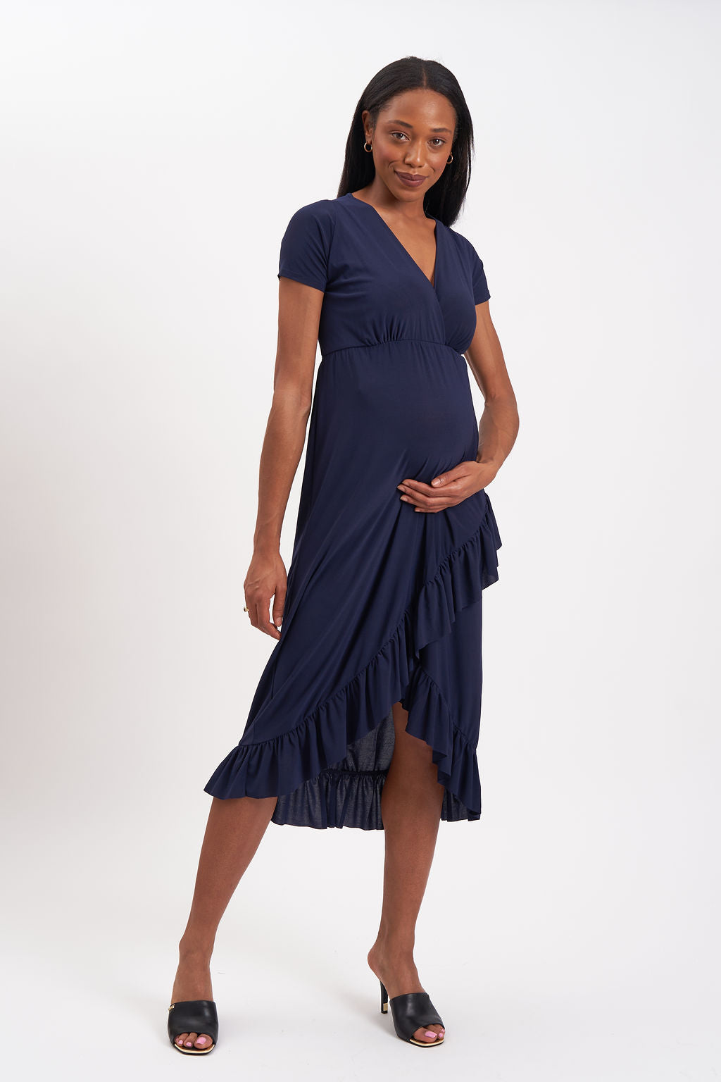 Hi-Lo Frill Detail Maternity/Nursing Midi dress Navy / Large Hi-Lo Frill Detail Maternity/Nursing Midi dress Navy / Large