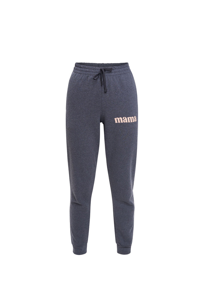 Gray women’s jogger sweatpants with “mama” text on upper thigh.