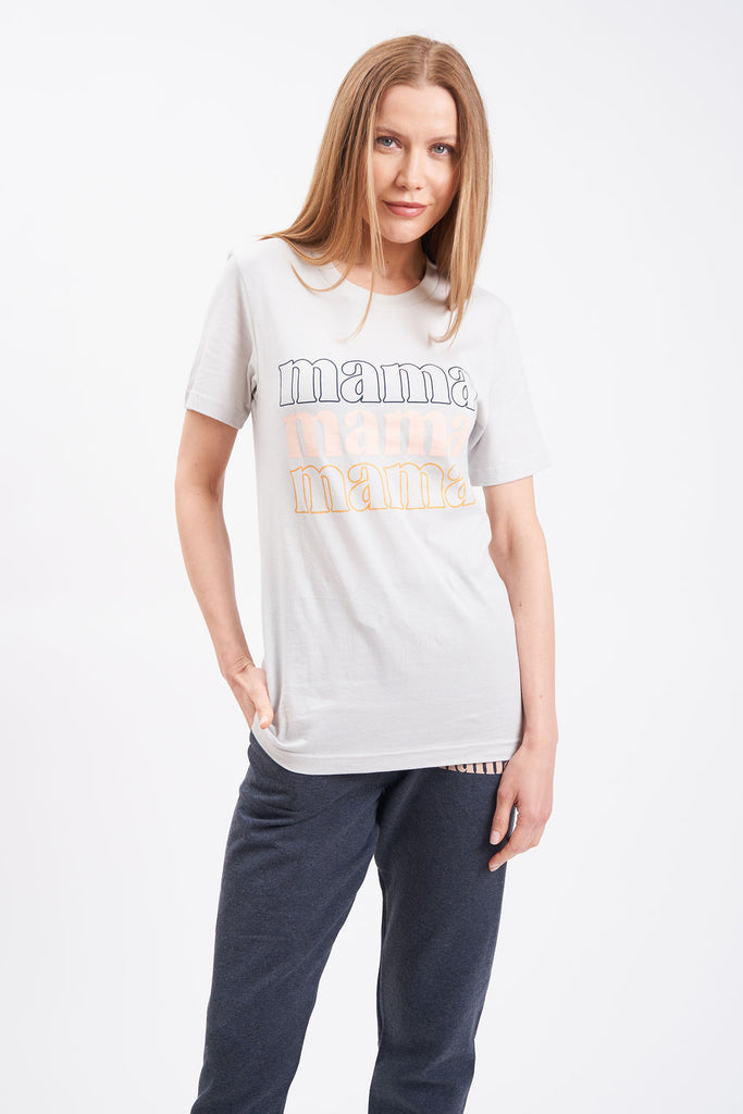 Graphic women’s t-shirt with lettering of “Mama, mama, mama”.