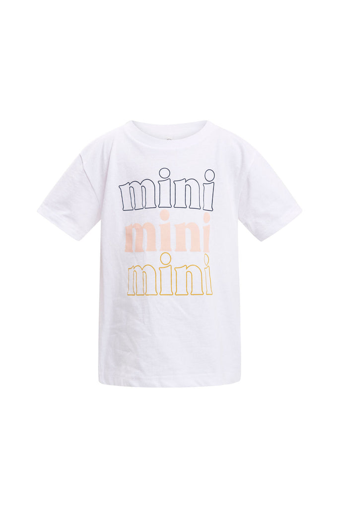 Graphic children’s  t-shirt with lettering of “Mini, mini, mini”.