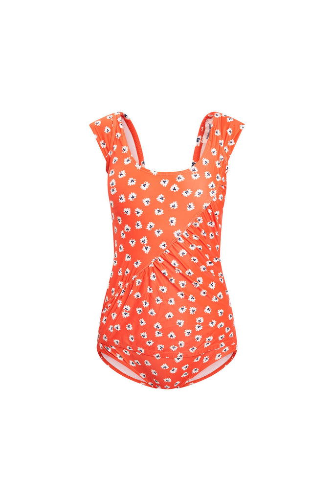 Orange women’s swimsuit with a daisy pattern.