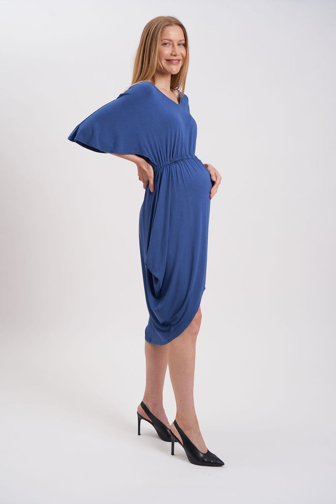 High-low midi maternity dress with dolman-style sleeves.