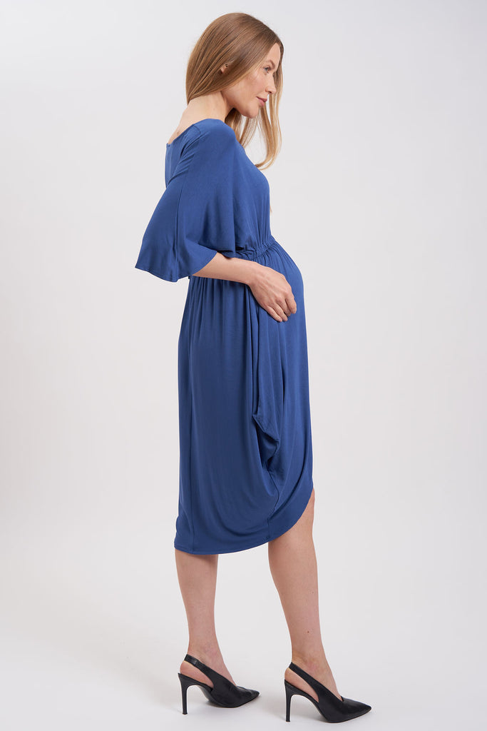 High-low midi maternity dress with dolman-style sleeves.