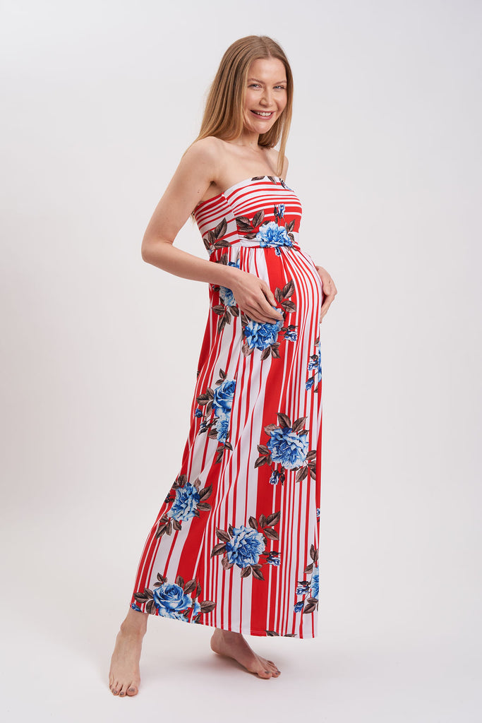 Stripe and floral maternity dress. Maxi strapless maternity dress with side pockets.