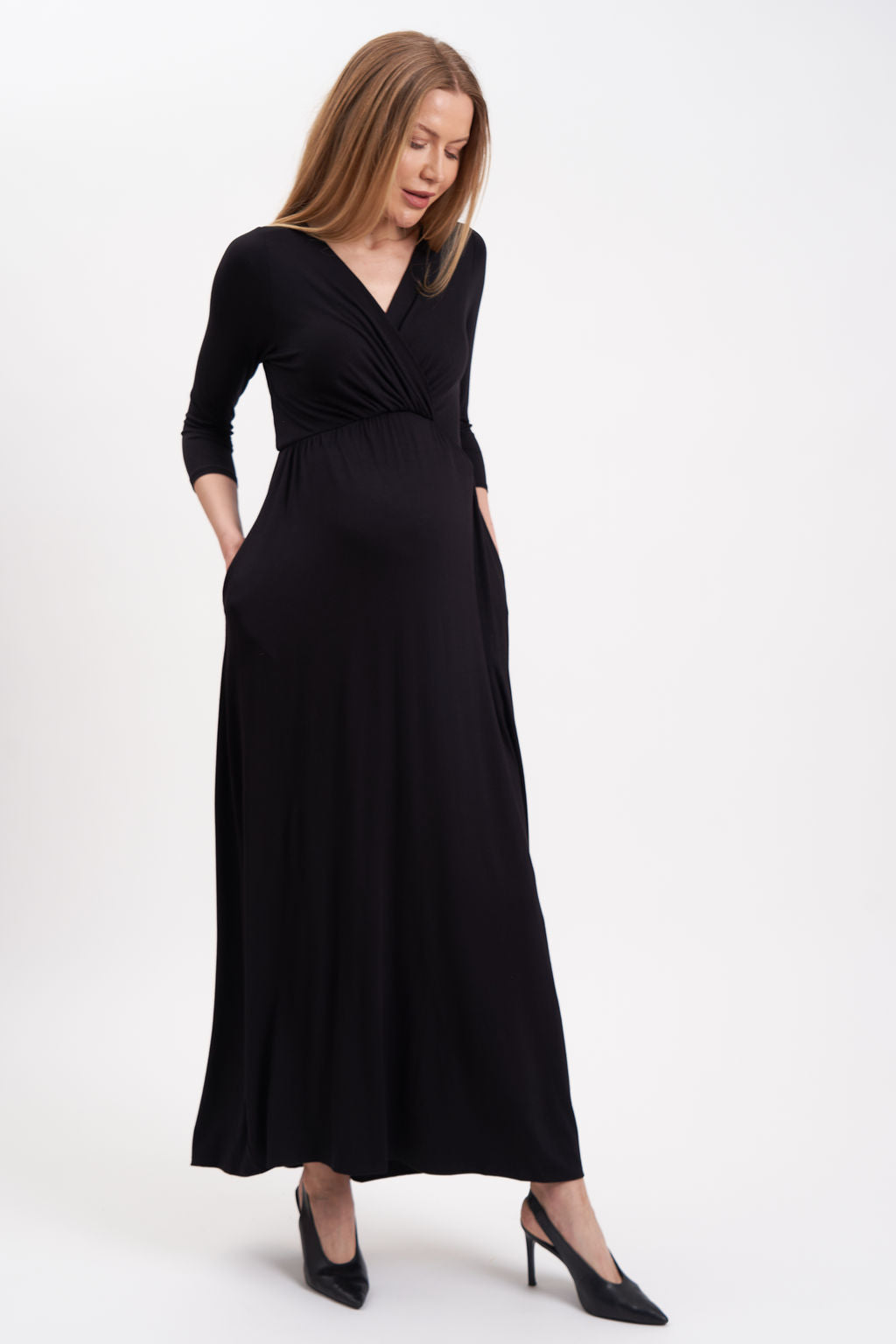 Long Sleeve V Neck Wrap Nursing Friendly Maternity Dress Black / MEDIUM Long Sleeve V Neck Wrap Nursing Friendly Maternity Dress Black / MEDIUM