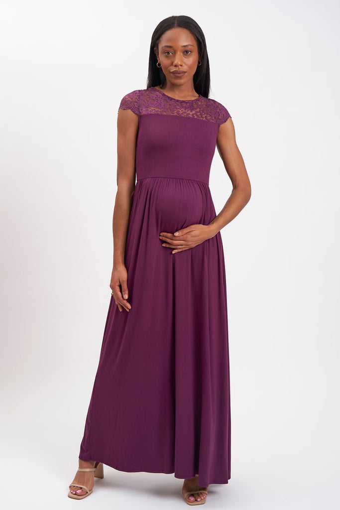 Maxi maternity dress with lace yoke and cap sleeves