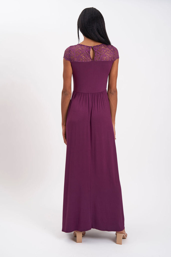 Maxi maternity dress with lace yoke and cap sleeves