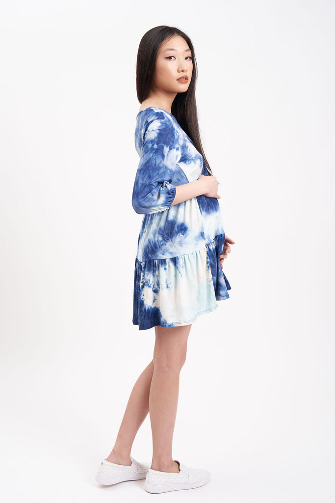 Soft blue and pink tie dye mini maternity dress.