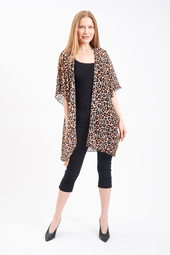Leopard print, semi sheer, kimono-style cover up.