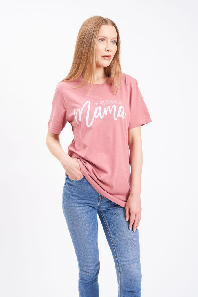 Graphic women’s t-shirt with printed “My Squad Calls Me Mama” lettering.