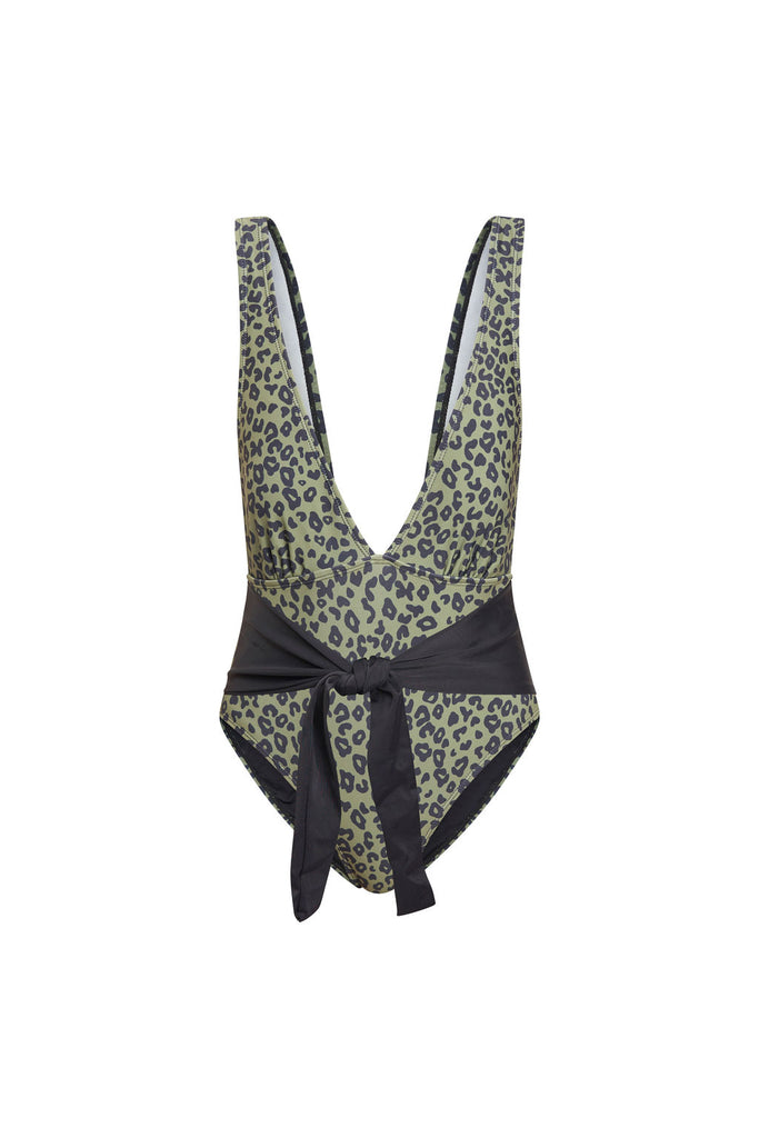 Women’s olive green swimsuit with plunging v-neck.