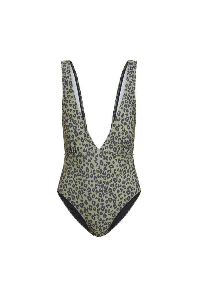 Women’s olive green swimsuit with plunging v-neck.