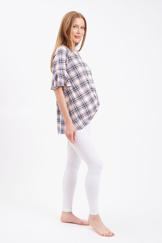 Plaid, loose-fitting maternity blouse with short bell sleeves