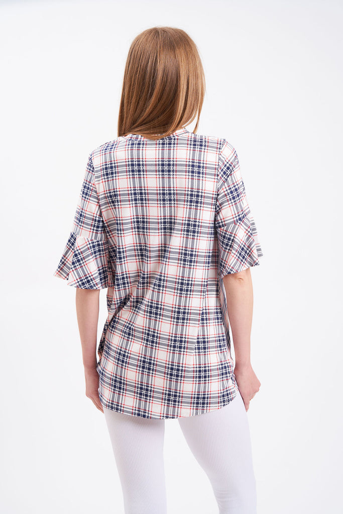 Plaid, loose-fitting maternity blouse with short bell sleeves