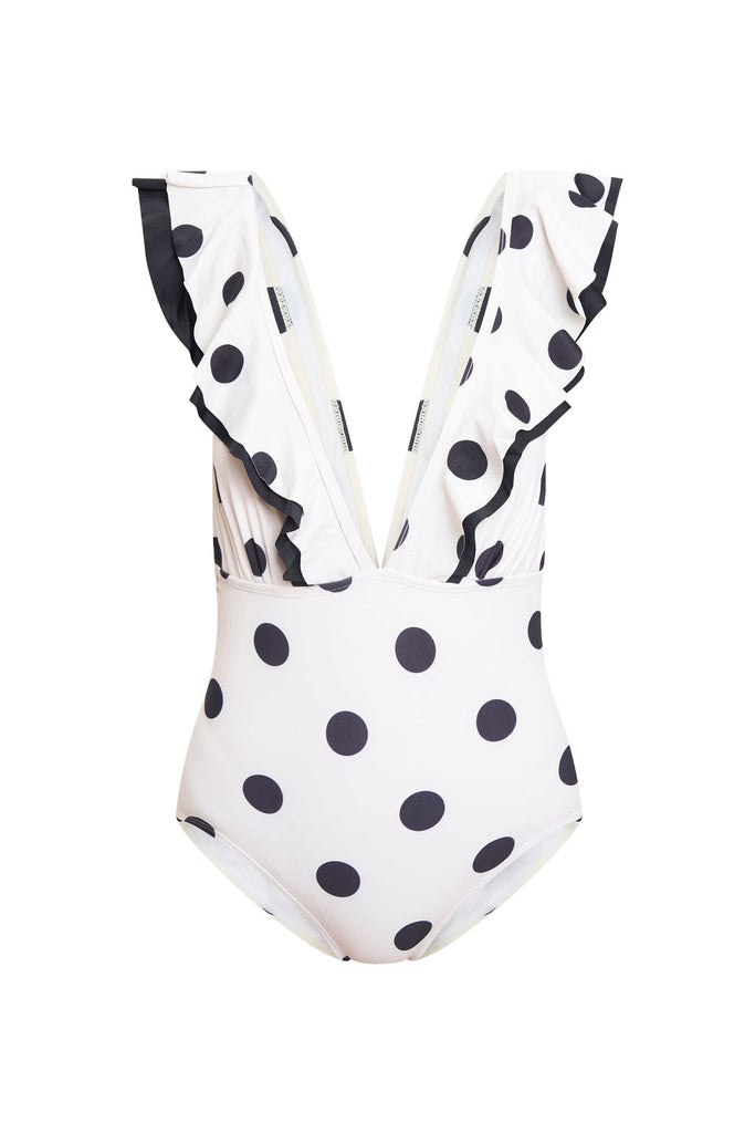 Women’s black and white polka dotted swimsuit