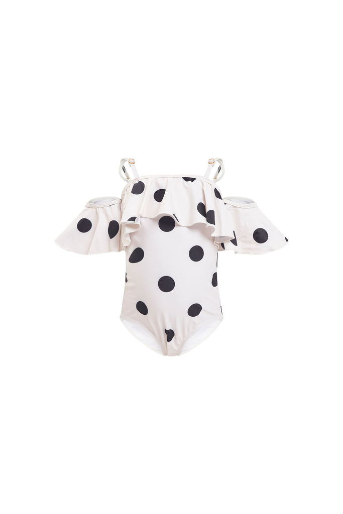 Little girl black and white polka dotted swimsuit