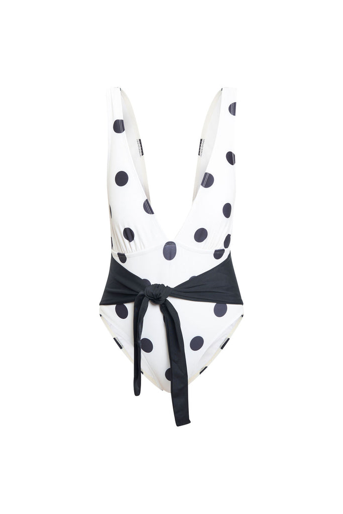 Women’s black and white polka dotted swimsuit