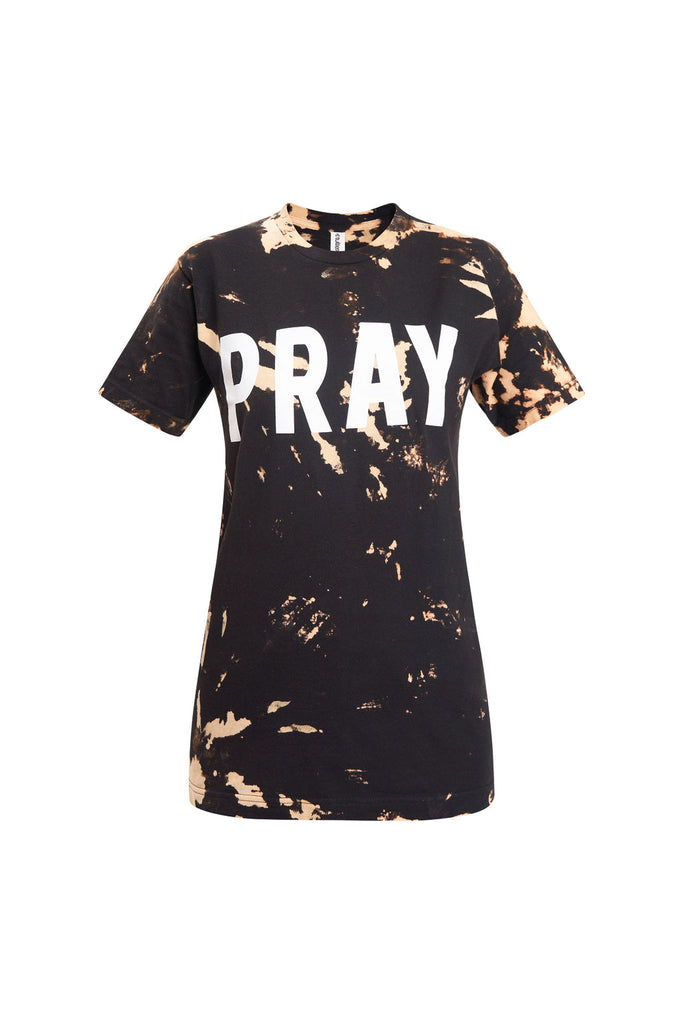Graphic women’s t-shirt with printed “Pray” lettering.