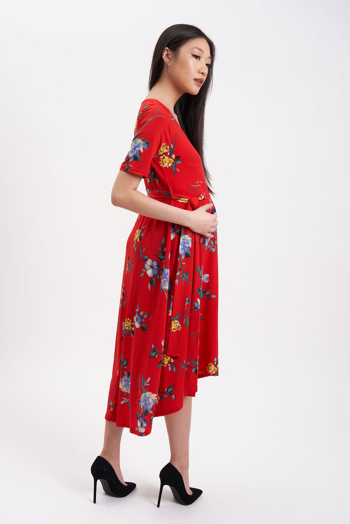 High-low midi maternity dress with faux wrap waist