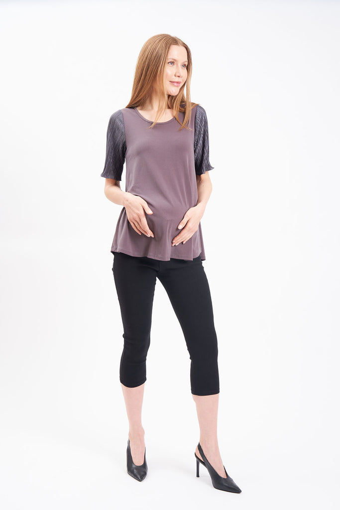 Long blouse with round neck and crumpled sleeves