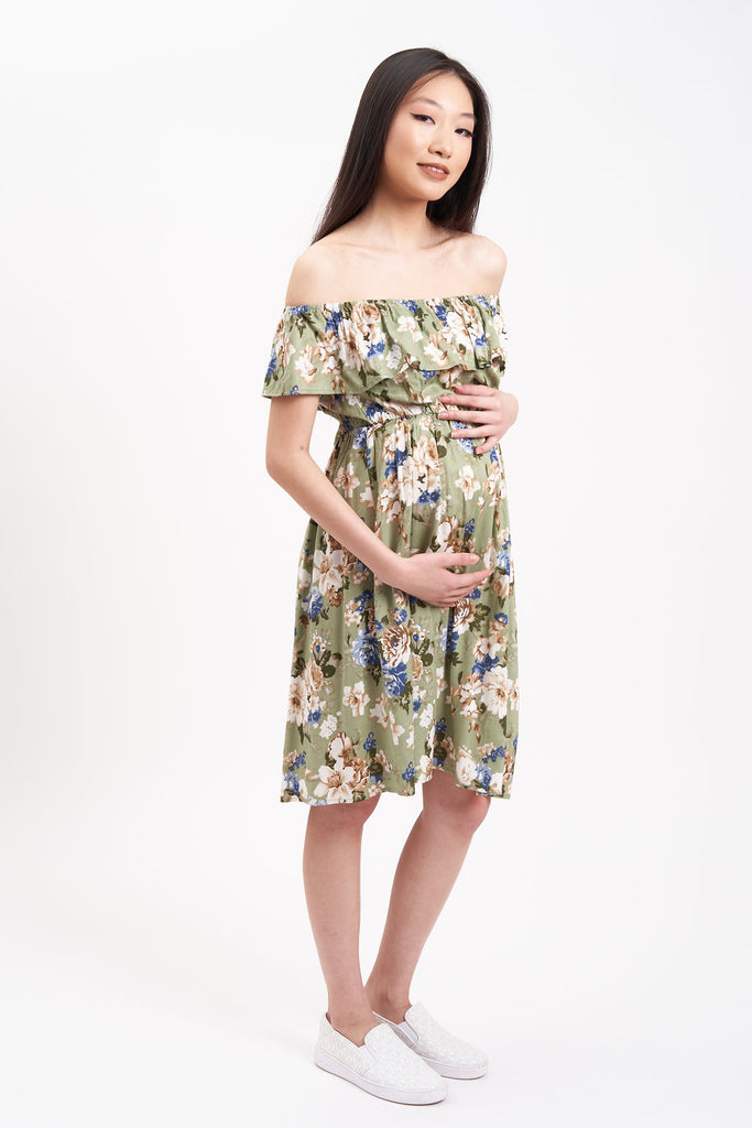 Floral off-the-shoulder maternity dress.