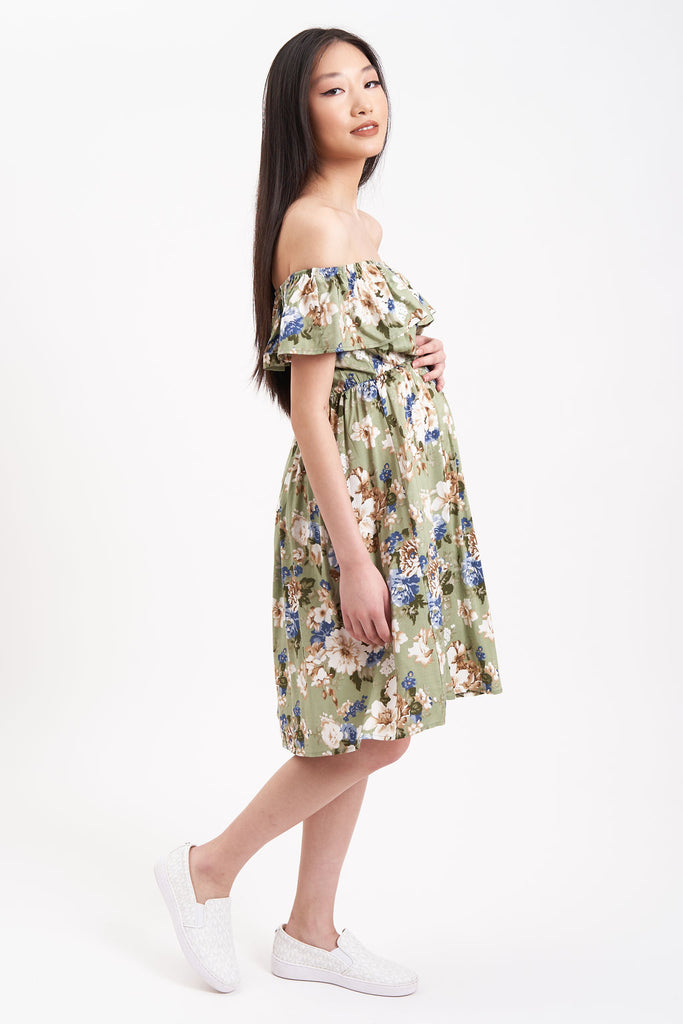 Floral off-the-shoulder maternity dress.