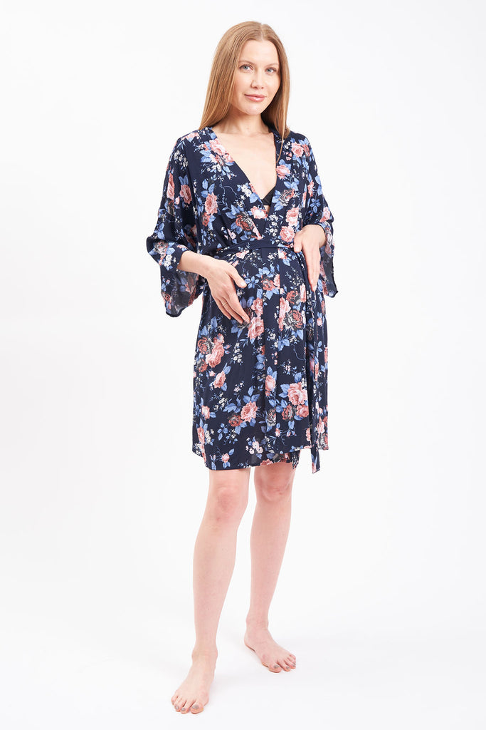 Navy blue and floral print maternity robe.