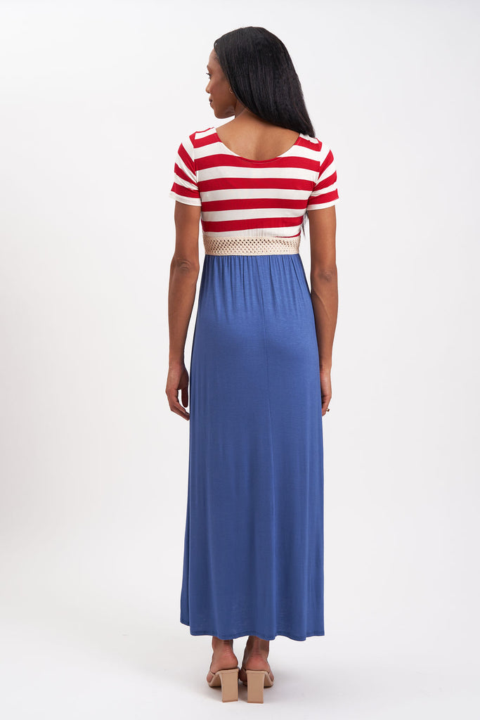 Maxi maternity dress for 4th of July - red and white striped bodice with blue skirt.