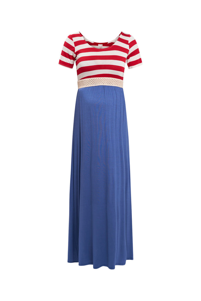 Maxi maternity dress for 4th of July - red and white striped bodice with blue skirt.