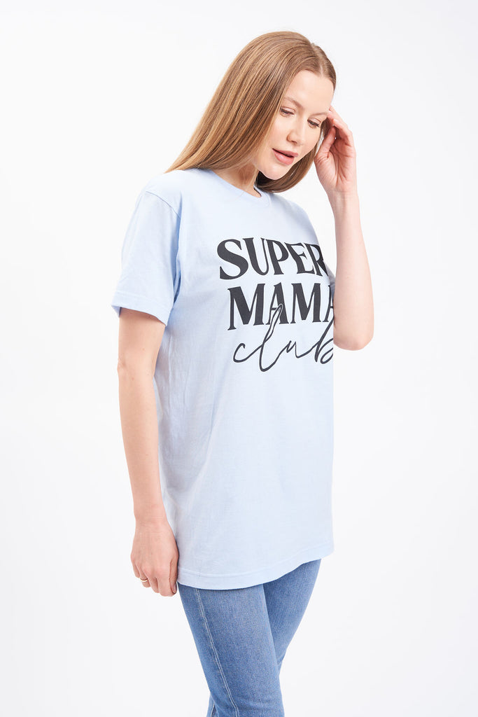Graphic women’s t-shirt with printed “Super Mama Club” lettering.